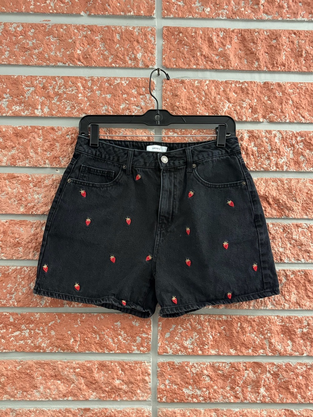 Forever 21 Black Denim Shorts with Red Strawberry Embroidery